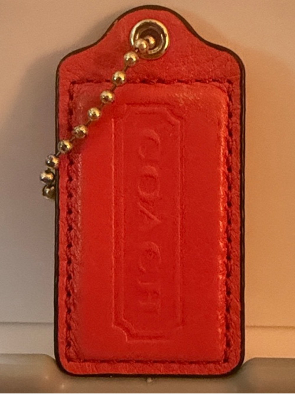 Coach Bright Orange/Coral Leather Key Tag with Gold Ball Chain